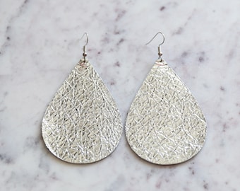Leather Teardrop Earrings ~ Silver Metallic