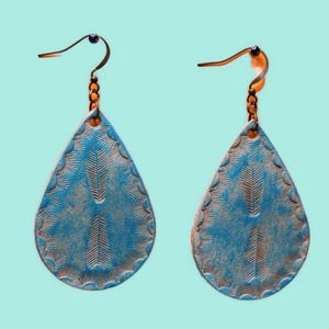 Leather Earrings/Teardrop earrings/Western Earrings/Unique Earrings/Tooled Earrings/Stamped earrings, 3