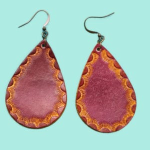 Leather Earrings/Teardrop earrings/Western Earrings/Unique Earrings/Tooled Earrings/Stamped earrings, 24