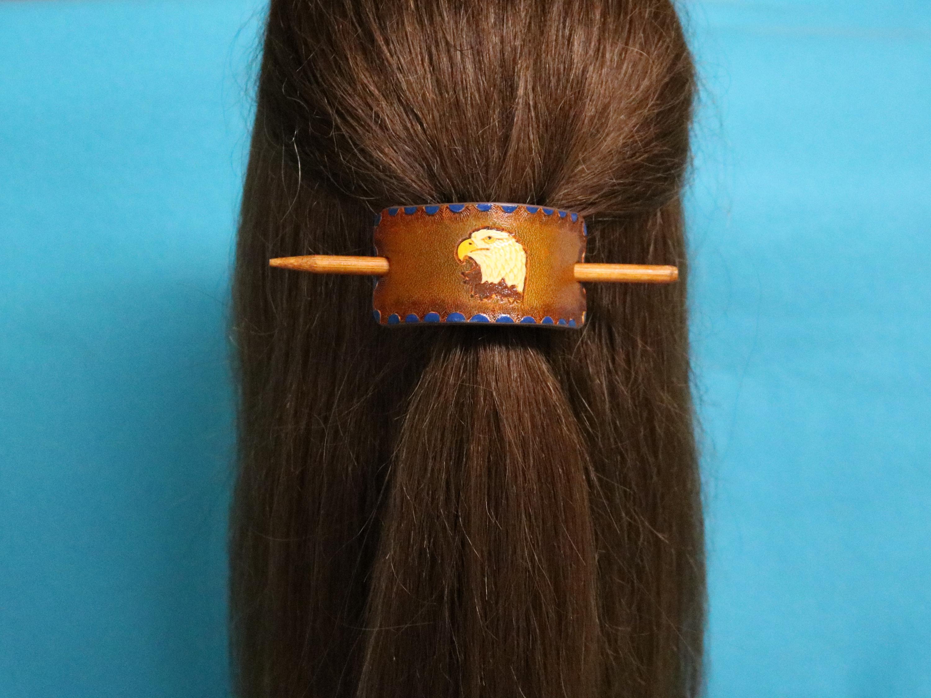 Handcrafted Leather Hair Clip with Embossed Eagle and Engraved Wooden Hair Stick Engraved Leather Hair Barrette | Western Flower Hair Pins  main image 2