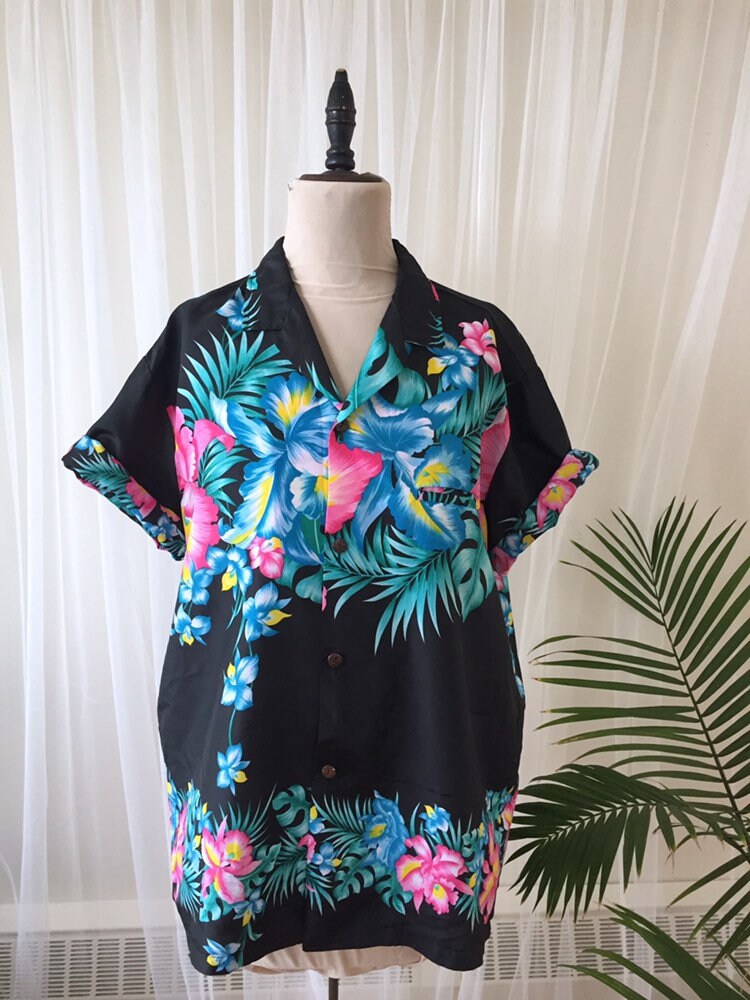 80s Hawaiin Shirt Vintage Black Button Down with Pink and | Etsy