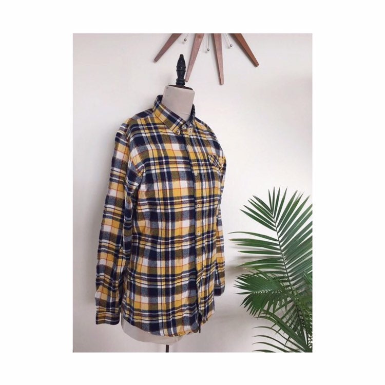 60s 70s Plaid Shirt, Yellow and Navy Blue, Grunge Flannel, Mustard