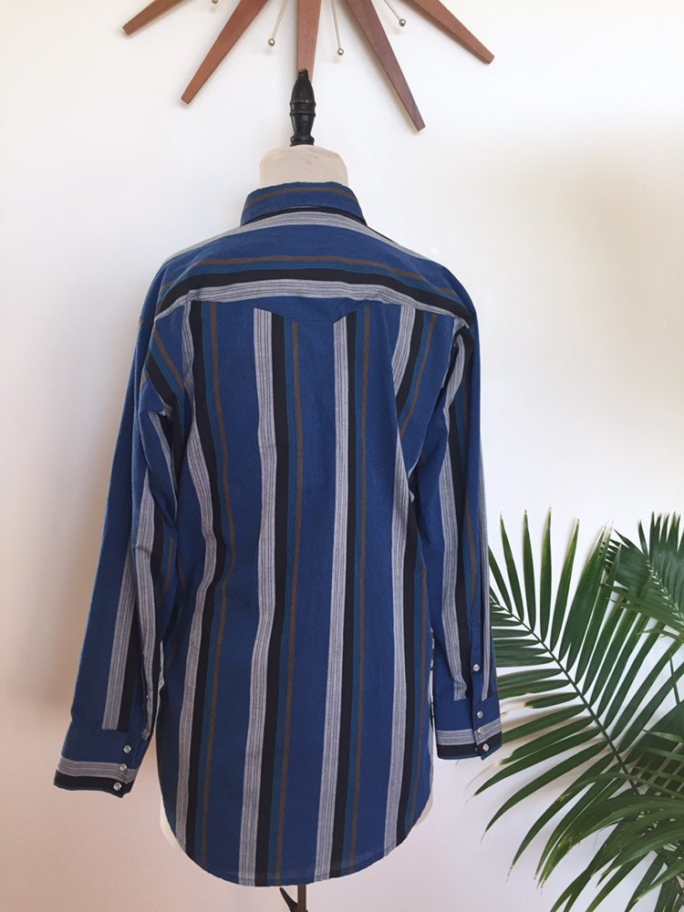 70s Striped Western Shirt, Long Sleeves, Blue Grey Black Stripes ...