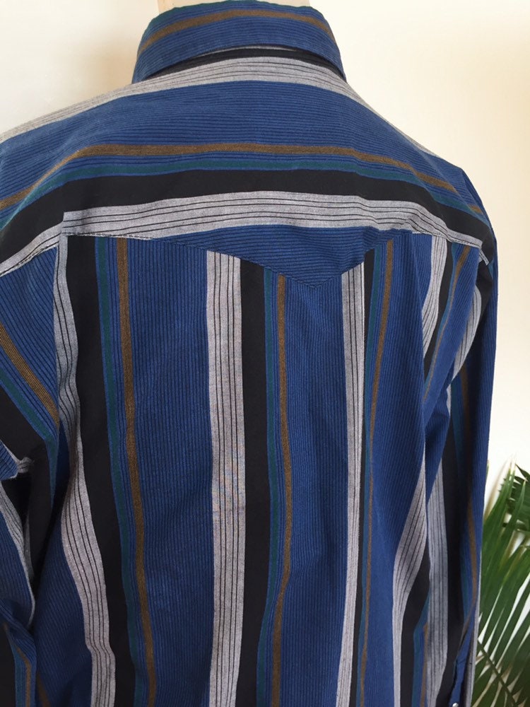 70s Striped Western Shirt, Long Sleeves, Blue Grey Black Stripes ...