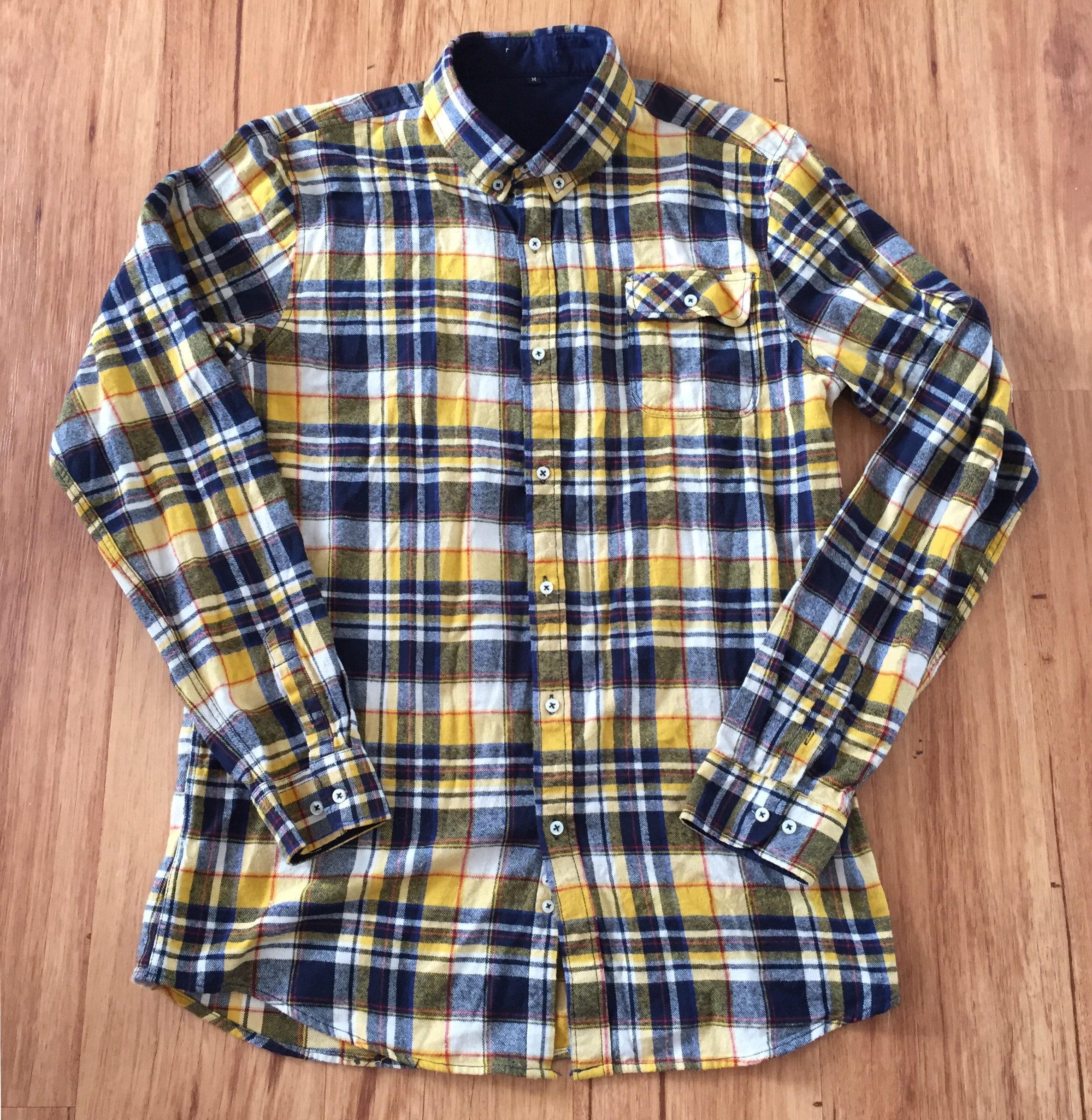 60s 70s Plaid Shirt Yellow and Navy Blue Grunge Flannel | Etsy Canada