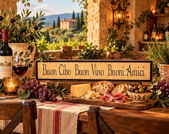 Buon Cibo Buon Vino Buoni Amici Italian Sign, Rustic Wood Wall Decor