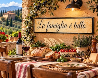 May include: A rectangular wall sign with a cream-colored background and a black border featuring the black cursive text La famiglia è tutto. The sign is mounted on a textured stone wall above a table set with bread, wine, and food.