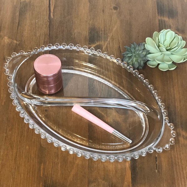 Clear Glass Rolling Tray | Medium Round | Boopie Candlewick Pattern | Vintage Retro | Weed Cannabis Smoking Accessory |