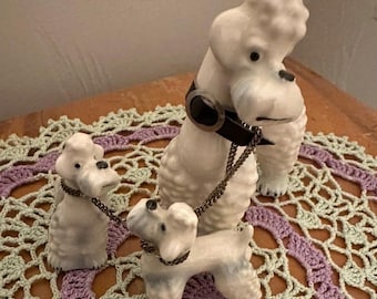 Mid Modern Century-Vintage 1950’s. White-highlights of gray Mom with  2 baby Poodles. Stamped under belly West Germany-Goebel.