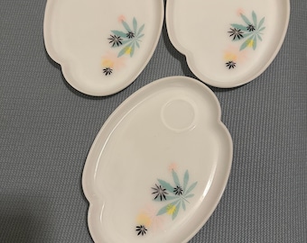 Atomic Set of (3) Mid Century 1950’s Federal Glass Snack Plates-Atomic Flowers