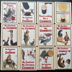 Puede incluir: Una colecci&oacute;n de doce tarjetas publicitarias vintage de Guinness. Cada tarjeta presenta una ilustraci&oacute;n diferente y las frases "Guinness Time", "My Goodness My Guinness" y "There's nothing like a Guinness". Las tarjetas tienen un fondo color crema.
