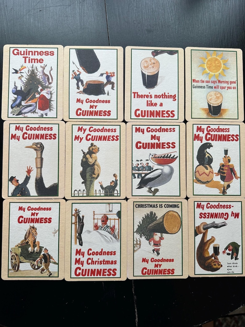 Puede incluir: Una colecci&oacute;n de doce tarjetas publicitarias vintage de Guinness. Cada tarjeta presenta una ilustraci&oacute;n diferente y las frases "Guinness Time", "My Goodness My Guinness" y "There's nothing like a Guinness". Las tarjetas tienen un fondo color crema.