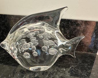 Italy Gorgeous Murano Art Clear Bubble Glass Angle Fish. Signed Seguso ARTE Vetro Oggetti Vintage 1980’s