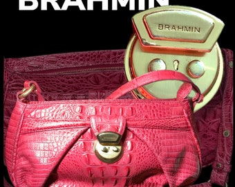 BRAHMIN 90's Vintage Hot Pink/ Fuchsia Croc Embossed leather shoulder bag. Stunning. Clean.