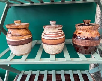 Vintage Bakehouse Pottery New Buckenham Studio Art Pottery Brown Pots ~ Marmalade / Jam / Honey