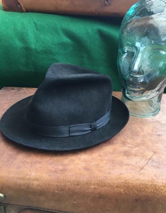 Vintage Black Fine Fur Felt Trilby Hat Christys’ L