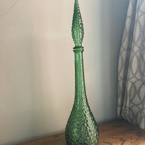 Vintage Empoli Glass Genie Bottle Decanter ~ Green Bubble Hobnail Design ~ Mid Century Modern Interior Design Piece c.1960s/70s