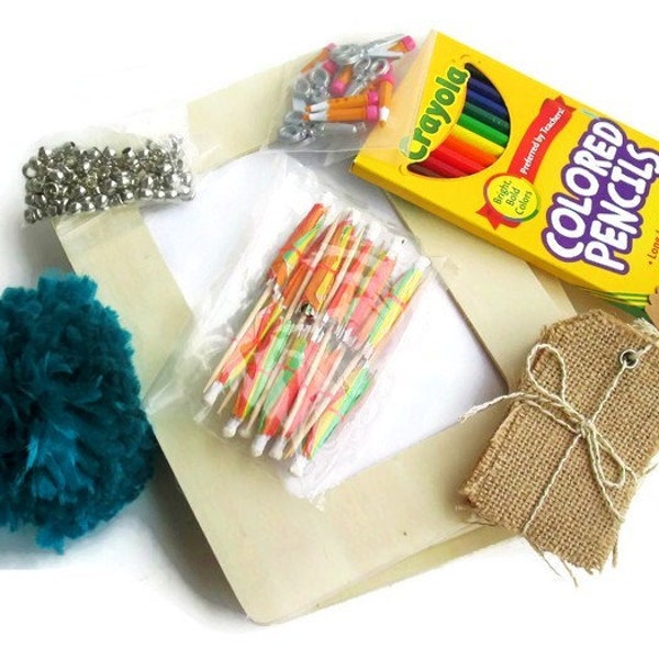 Supply Grab Bag: Colored Pencils, Pencil and Scissor Buttons, Burlap Tags, Paper Umbrellas, Pom Pom, Wood Frames, & Steel Large Hole Beads