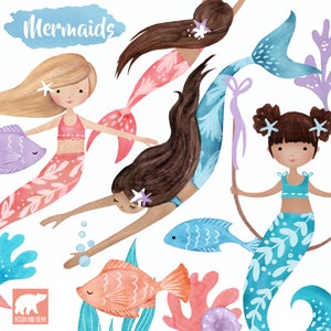 Watercolor Mermaid Clipart, Watercolour Mermaid Clip art, Watercolour Mermaids, Watercolor Mermaids