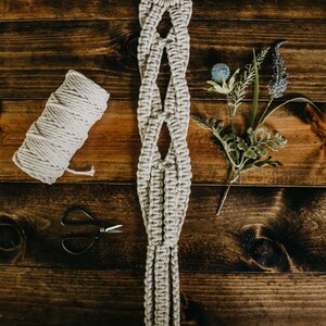 May include: A beige macrame plant hanger with a wooden ring at the top. The hanger is hanging from a dark brown wooden surface. There is a ball of beige twine, a pair of scissors, and a sprig of greenery with blue flowers on the surface.