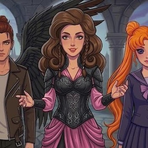 May include: A digital illustration featuring five characters: a winged figure in a blood-stained tank top, a person in a leather jacket with black wings, a central figure in a pink gown and black corset, a character with orange hair in a school uniform, and a blonde person holding a wrench wearing a shirt that reads I'm Not Lazy, I'm on Energy Saving Mode.
