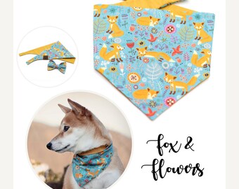 Bandana for dogs with foxes and colorful flowers, fox bandana for dogs, reversible bandana, floral bandana for dogs, dog bandana fox