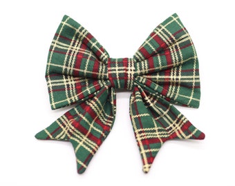 Christmas dog bow, green, gold, red check pattern, Christmas bow for dogs