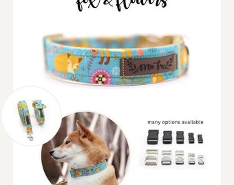 Dog collar with foxes, fox collar for dogs, adjustable, click buckle