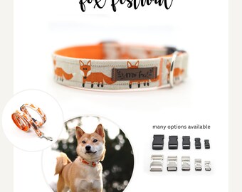 Dog collar with foxes, collar made of webbing and fabric, fox collar for dogs, handmade dog collar with fox motif