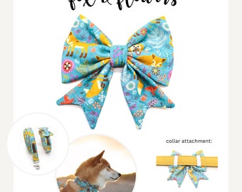 Dog sailor bow with foxes and flowers, dog bow, blue, yellow