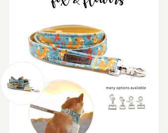 Dog leash with foxes and colorful flowers, city leash or adjustable, leash for dogs, fox motif
