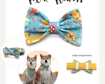 Dog bow tie with foxes and colorful flowers, blue and yellow, bow tie for dog collar, fox bow tie for dogs