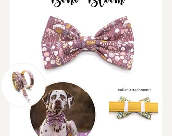 Dog bow tie with flowers, purple, boho, bow for dog collar