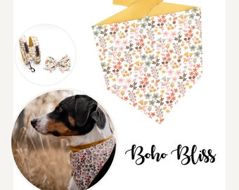 Dog bandana with flowers, boho, white, bandana for dogs, reversible