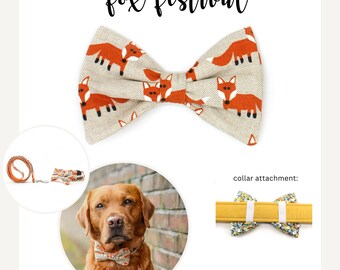 Dog bow tie with foxes, dog bow, orange, beige, bow tie for dog collar, fox bow tie for dogs