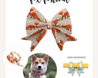 Dog bow tie with foxes, dog bow, orange, beige, bow tie for dog collar, fox bow tie for dogs