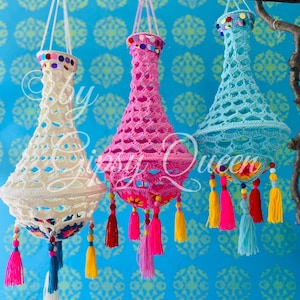 Patrón de crochet Bella, lámpara de crochet, candelabro de crochet, linterna de crochet, pantalla de lámpara de crochet, lámpara boho de crochet, linterna de jardín de crochet