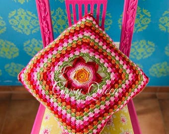 Crochet pattern for a colorful floral cushion, colorful cushion cover with floral pattern, crochet cushion, boho cushion, crochet hippie cushion, home accessories