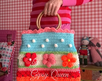 Crochet pattern for a Gipsyflowerbag, crochet bag, crochet handbag, crochet women's handbag, crochet flower bag