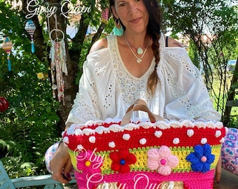 Crochet pattern for a summer mood bag, crochet bag, crochet bag cover, crochet Ibiza bag, crochet flower bag