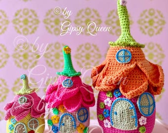 Crochet pattern flower house doorstop PDF, crochet fairy house decoration, doorstop crochet pattern, DIY crochet project