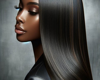 Silk Press Hairstyle w/ Subtle Highlights Digital Art Print, AI-generated black artwork, natural hairstyles, home wall art decor, Salon art