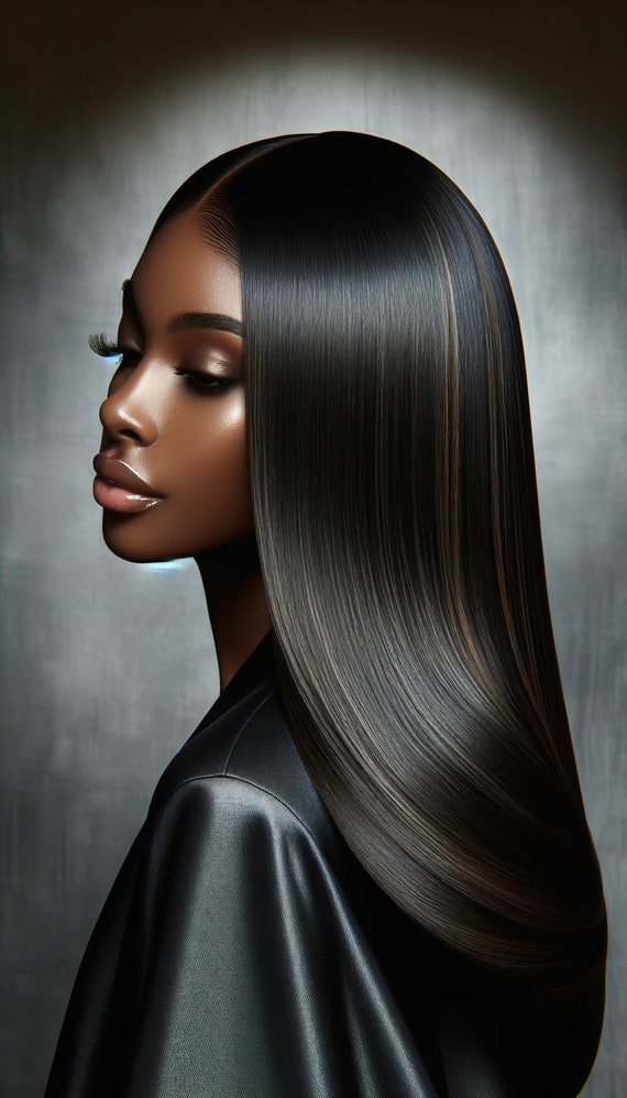 Silk Press Hairstyle W/ Subtle Highlights Digital Art Print, Ai
