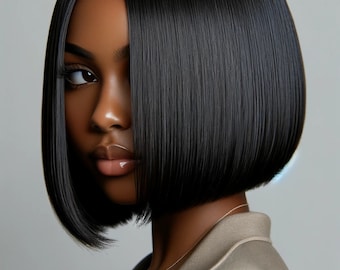 Sleek Elegance - Silk Press Bob Cut Digital Art Print, AI-generated black artwork, natural hairstyles, home wall art decor, Salon artwork