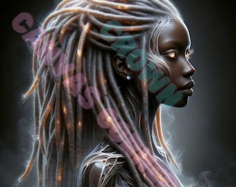 Misted Woman w/ Moss-Highlighted Box Braids, Dread-locs- Digital Art Print, Ghost natural hairstyles, wall art, salon decor, Dreadlock style