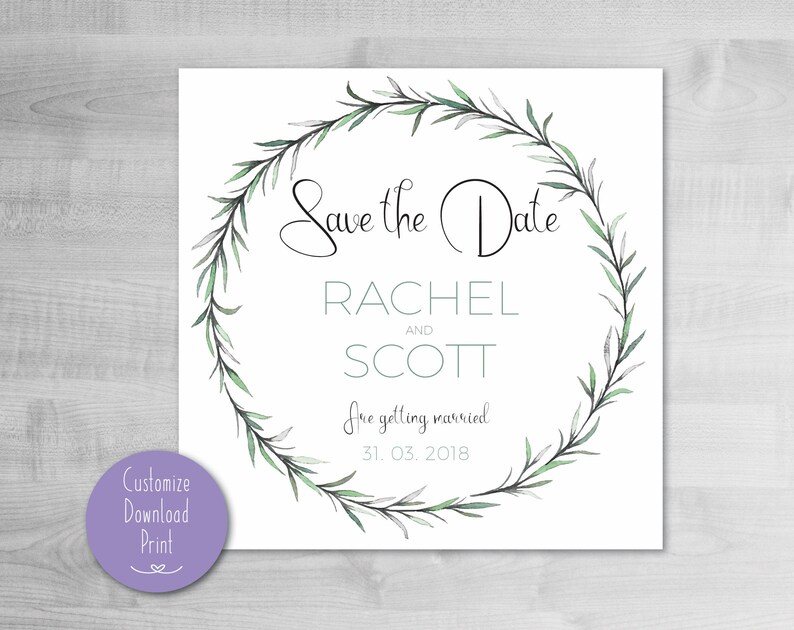 Minimal Foliage Wedding Invitation Template Download Wedding Suite Wreath Digital Download Custom Save the Date Simple Watercolour