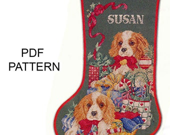 Christmas stocking PDF pattern cross stitch Vintage christmas stocking with puppies Embroidery pattern Digital download Instant download