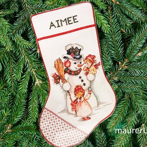 Cross stitch Christmas stocking Friendly Snowman Stocking Needle Treasures Personalized Xmas stocking Made to order