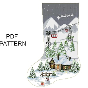 Bas de Noël, modèle PDF, point de croix, Noël, ski, resord, père noël, vol, broderie, bas noël, téléchargement numérique