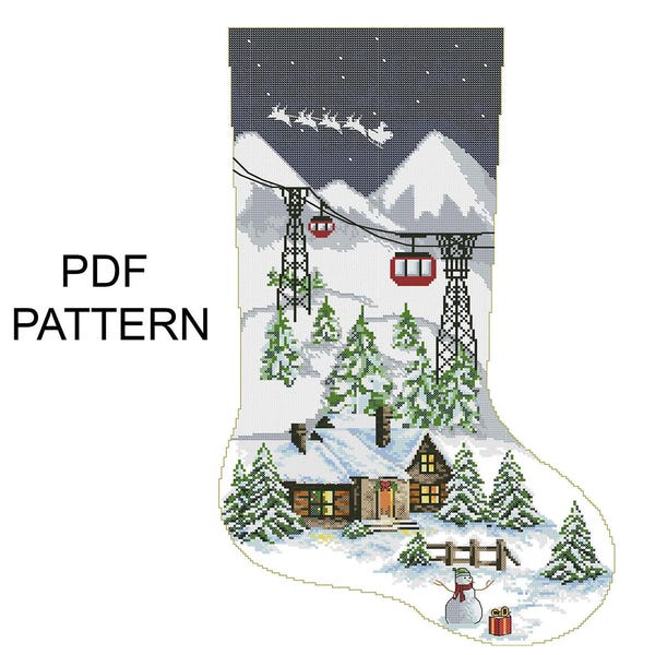 Christmas Stocking Cross Stitch Pattern: Ski Resort Santa (PDF Pattern)